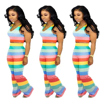 Europæiske og Amerikanske fritid Rainbow Stribe to stykke mode udskrivning U-neck vest og bukser til kvinder, der passer