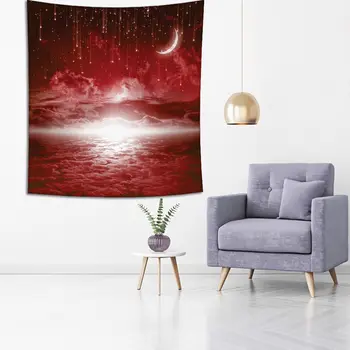 Gobelin Nye Månen, Stjerner, Skyer Lysende Horisont Astrologi Natur Mystrical Drømmende Natur, Kunst Trykt Hvid Rød