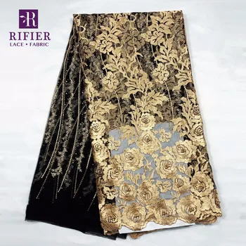 Gold Line Blomst Broderet I Sort Mesh Afrikanske Franske Net Lace Fabrics For Indisk Ædle Frue Aften Kjoler Tyl Materiale