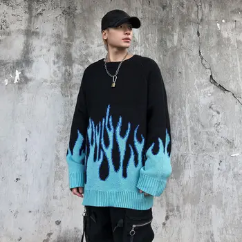 High Street Flamme Jacquard Løs Pullovere Par Strikkede Streetwear Hiphop Stil Overdimensionerede Casual Kvinde Sweater Falde 2020