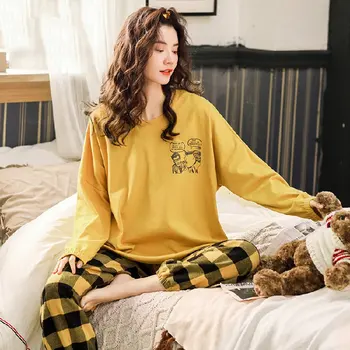 Koreanere Blød Løs Ternet langærmet Pyjamas Forår Og Efterår søde Søde Ydre Slid Hjem Ternet Pyjamas Til Kvinder