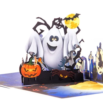 Nye 3D-Popup Halloween Kort Trick Eller Behandle Lykønskningskort Farve Udskrivning Græskar Og Ghost Invitationer Kort med Kuvert Medfølger