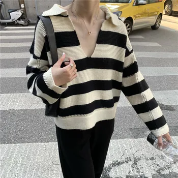 WAVSIYIER stribe turn-down tyk sweater kvinder overdimensionerede solid koreanske pullover 2020 forår vinter kvinde årgang strikket jumper